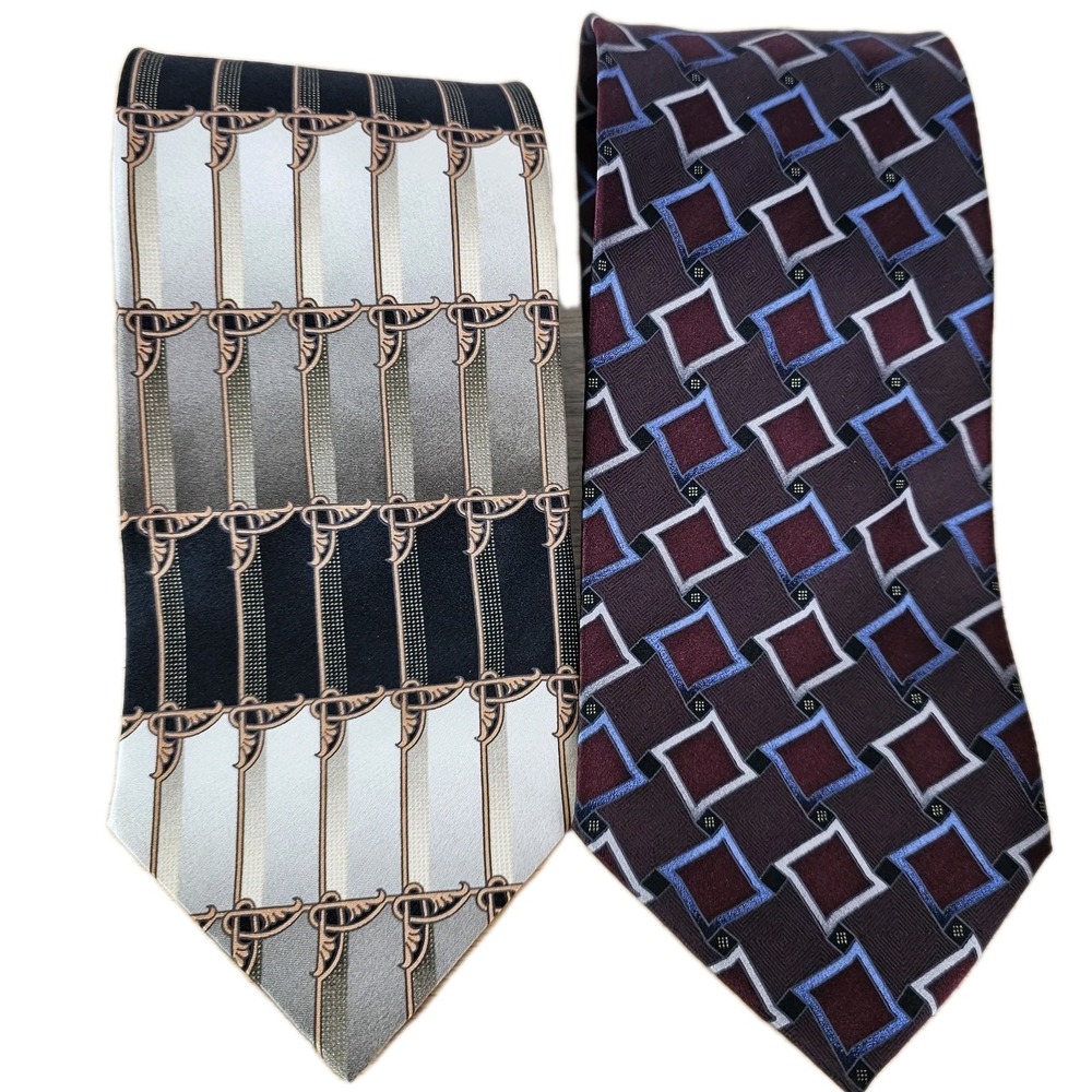 Kilburne‎ & Finch Mens Necktie Tie Lot 2 Gold Black Burgundy Blue Geometric Silk